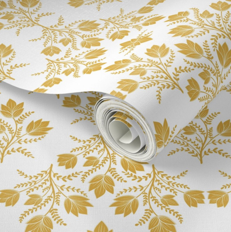 wallpaper roll of mustard yellow and white symmetrical pattern of vintage hand drawn flowers in the style of grandmillennial, French country, vintage modern, cottagecore, granny chic