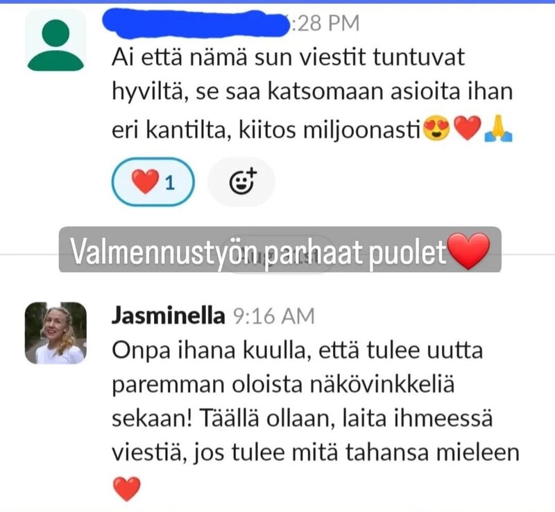 Asikaspalute, jossa asiakas kertoo kuinka valmennus saa katomaan asioita eri kantilta