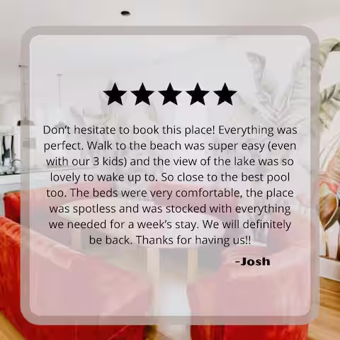 Five-star guest review highlighting a family-friendly stay at Carillon Beach vacation rental.
