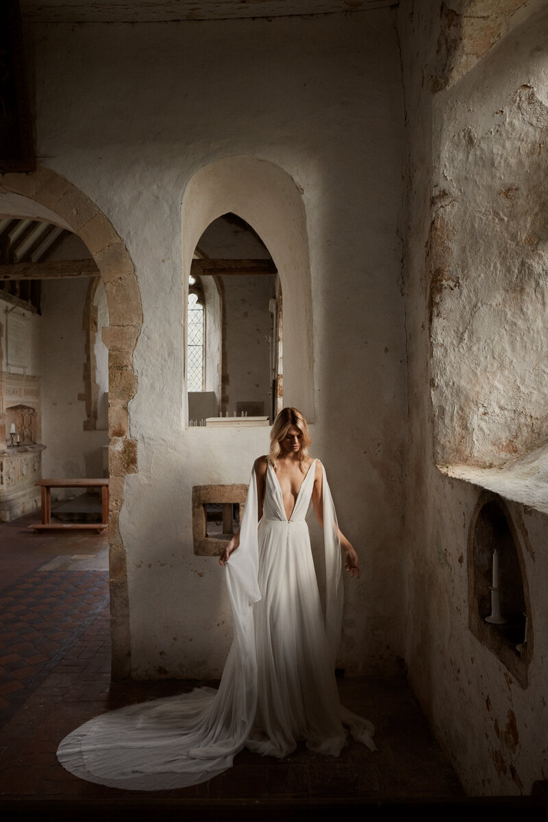 Silk handmade long wedding dress photographed by Benjamin Wheeler