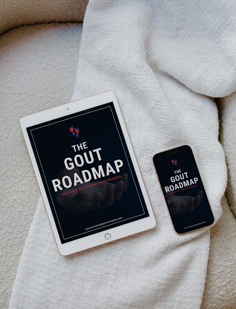 Photo of iPad & iPhone with a Gout Roadmap PDF on the screens