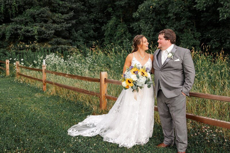 Bride and Groom outside at the Barn at Sunset Acres