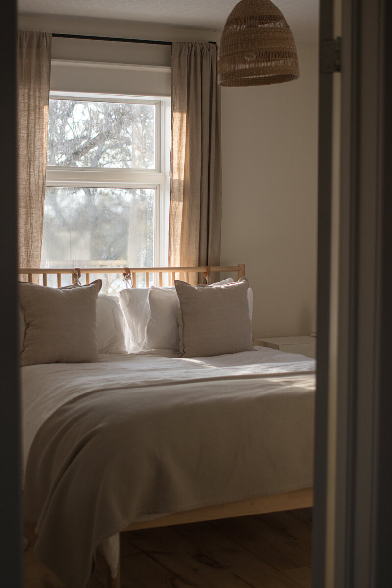 bedroom with linen duvet covers