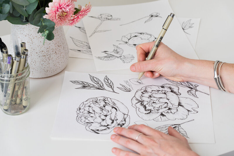 Skye McNeill drawing a floral design, promoting classes, workshops and mentoring