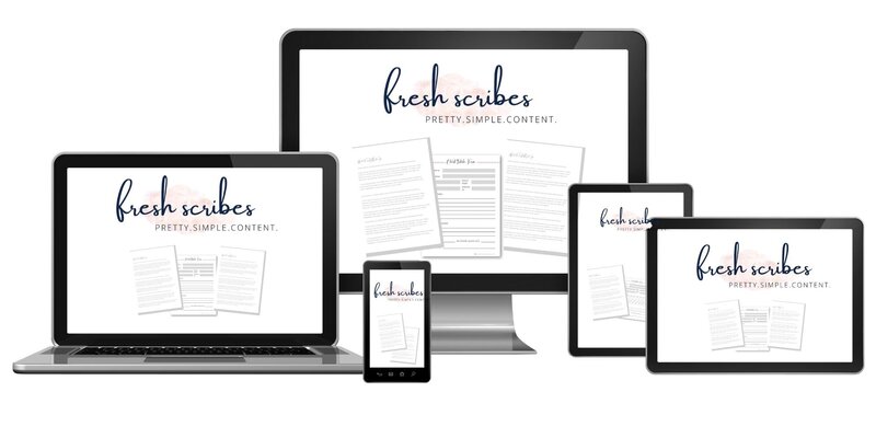 Fresh Scribes logo and printable images on computer screen, ipad and phone
