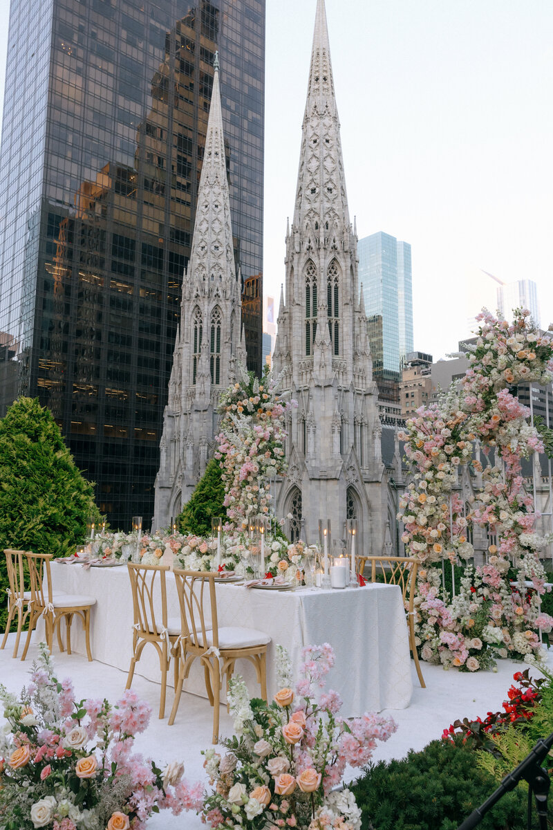 NYC wedding with a stunning view of St. Patrick’s Cathedral from 620 Loft & Gardens rooftop