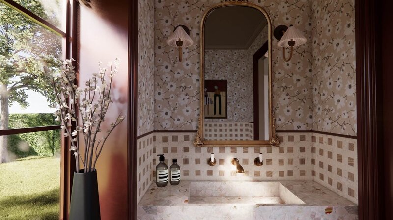 Natural stone sink, vintage mirror and ceramic wall lights