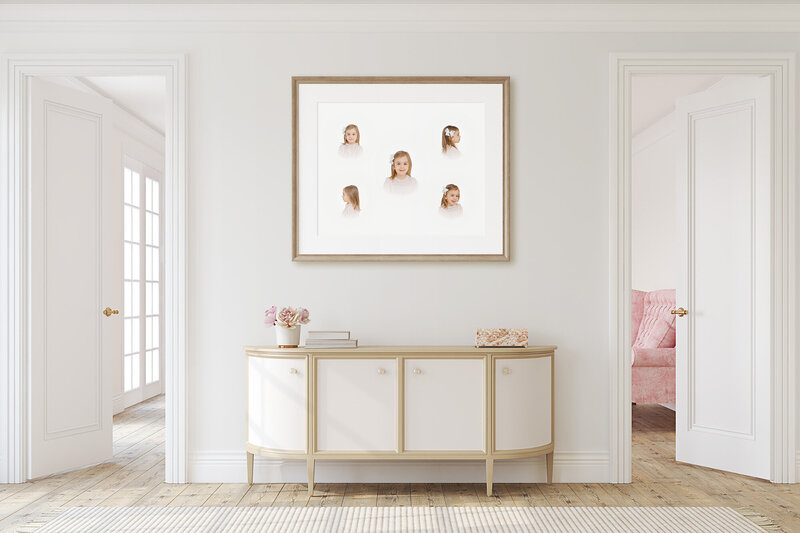 composite of 5 heirloom photos framed in hallway taken in The Plains, VA