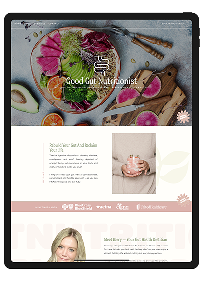 Gut health dietitian website with soft pinks and green color palette