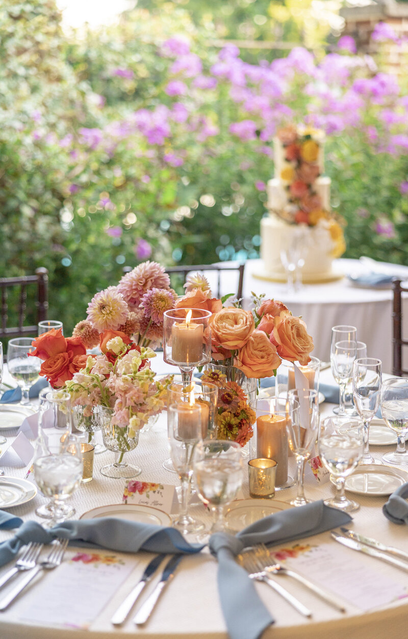 White, tan and black table scape wedding reception Dye House