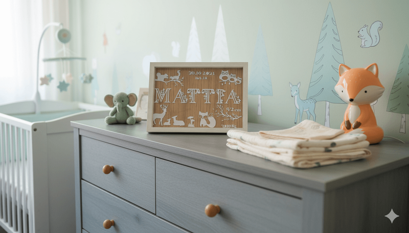 Cadre de naissance décoré sur le thème de la nature, avec animaux et végétation, posé sur une commode dans une chambre de bébé aux tons doux. Un prénom est affiché sur le cadre.