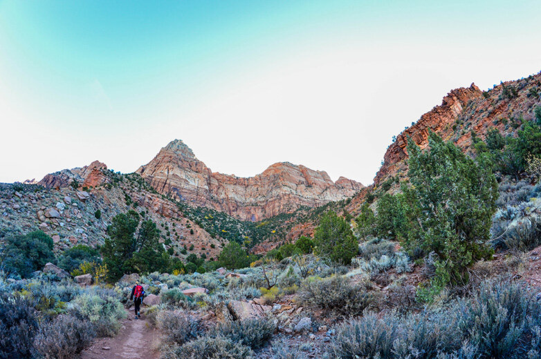 A person hiking on a mountain trail, part of an itinerary for a trip out west.