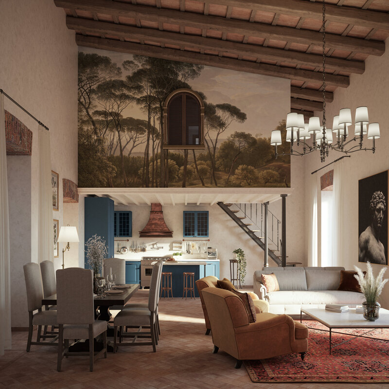 Offene Küche und Wohnbereich im Palazzo Ricci in Casoli, Italien – mit Gewölbedecken und sichtbaren Balken, toskanischem Wandgemälde, blauen Schränken, antiken Möbeln und elegantem Kronleuchter in einer restaurierten italienischen Residenz
