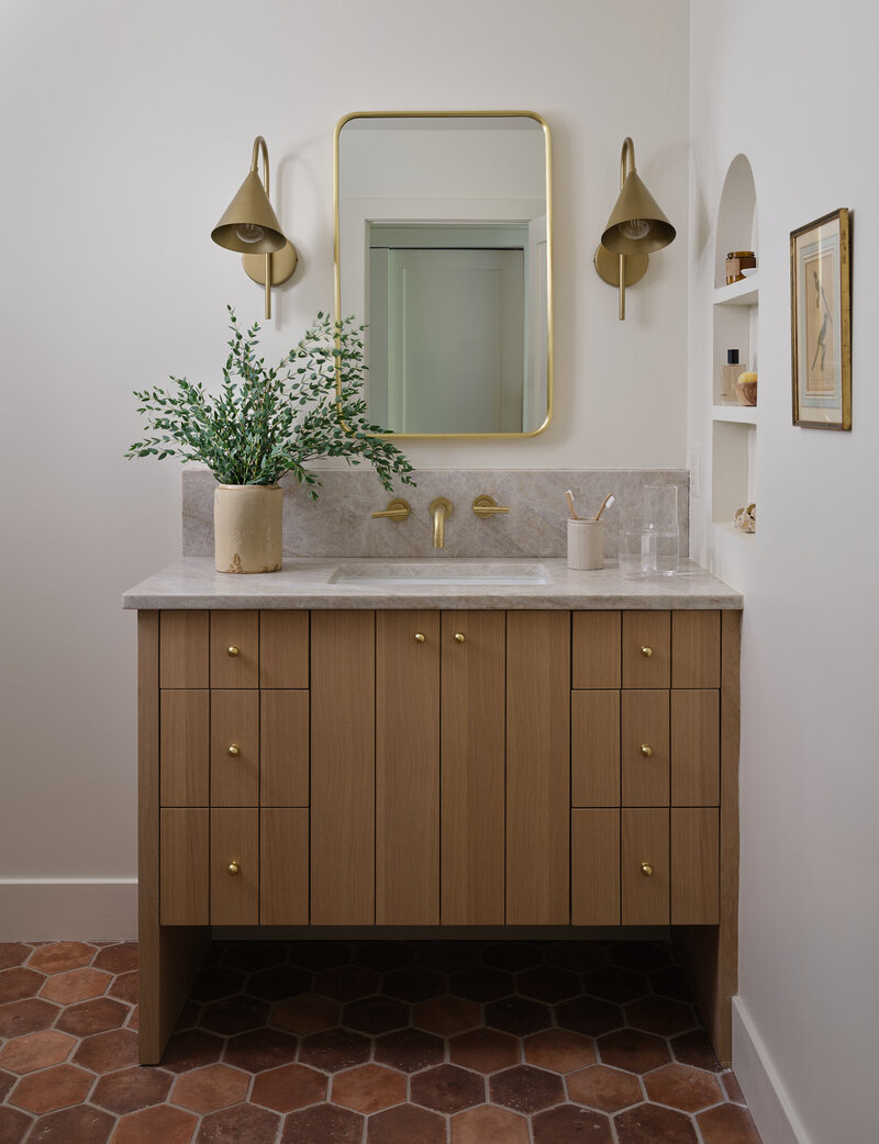Project image of bathroom with porcelain tub and gray marble floors and walls, by Alexa at Home