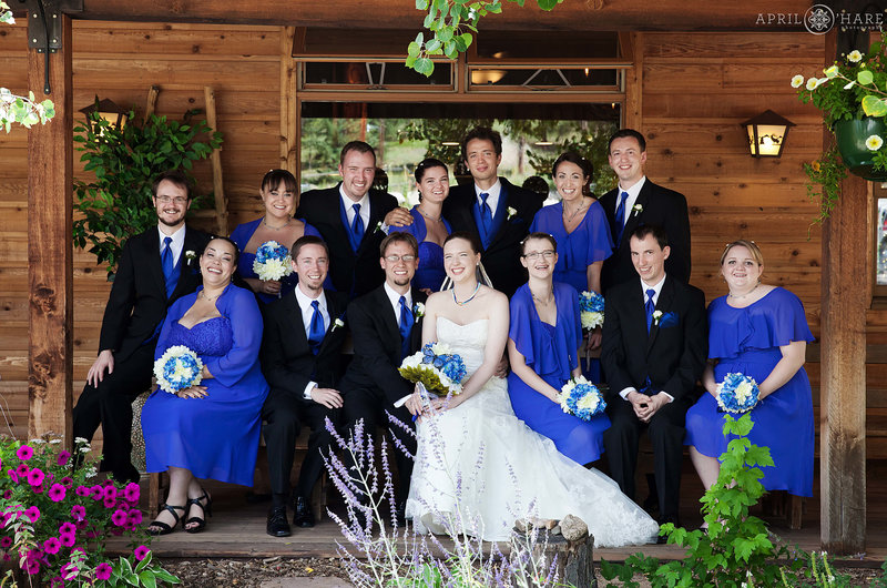 Wedding party on the front patio at Wild Basin Lodge in Colorado