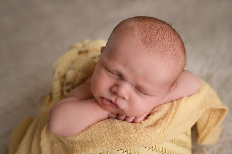 Ripon Wisconsin Newborn Photo baby sleeping in bucket in studio