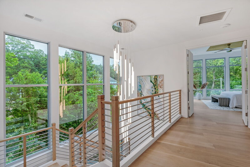 silver chandelier in stairwell