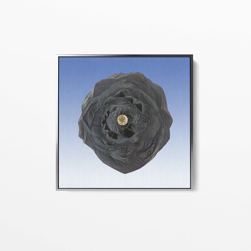 Fine Art Canvas with a silver frame featuring Project Stardust micrometeorite NMM 244 collected and photographed by Jon Larsen and Jan Braly Kihle