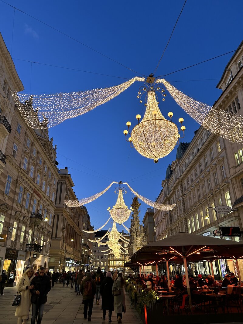 Street in Vienna at dusk with hanging lights for Christmas.