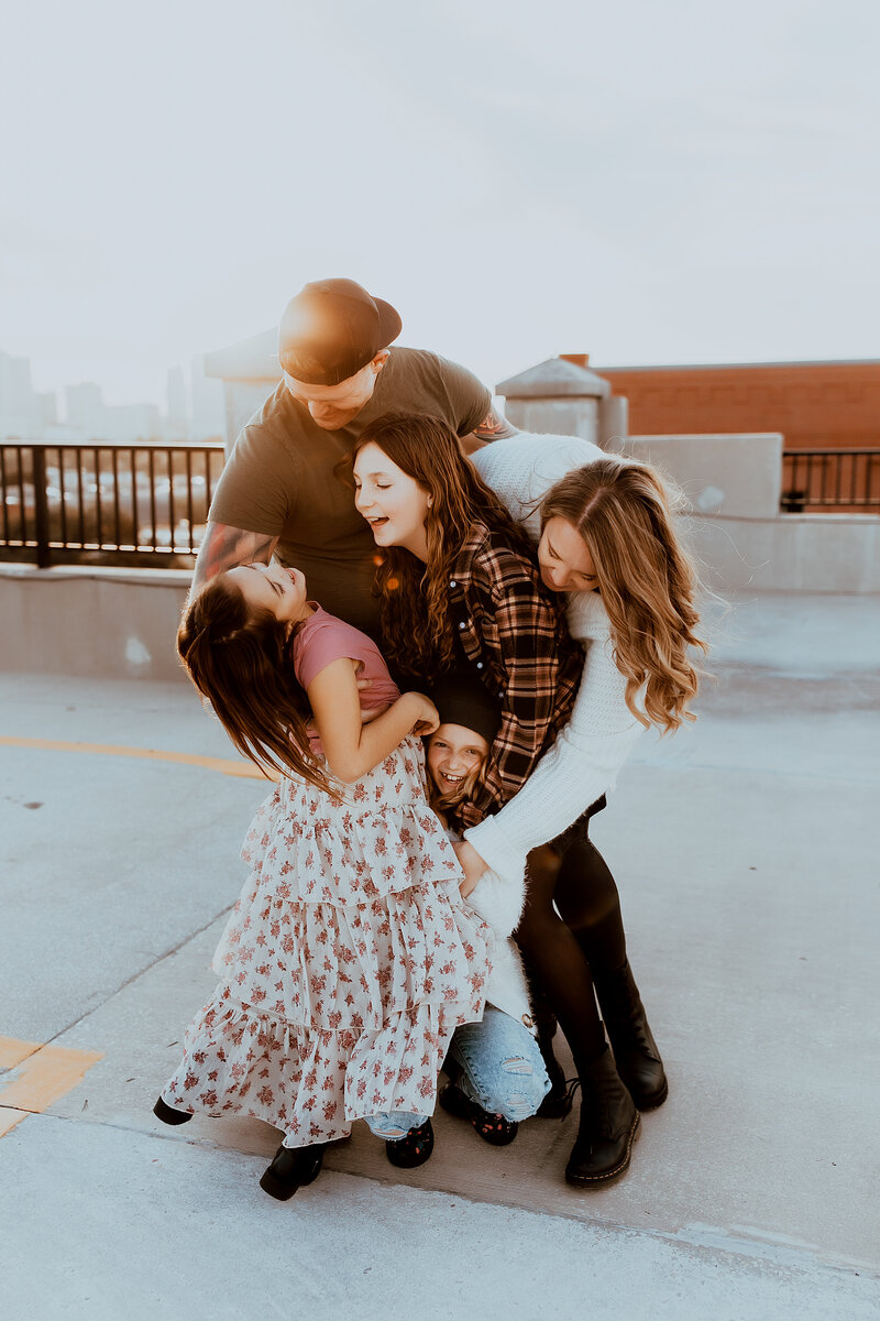family-skirt-floral-kids-mom-dad-garage-parking