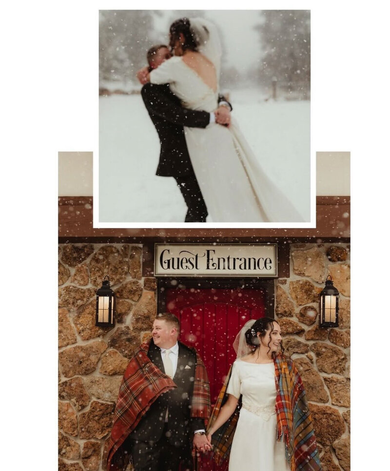 Groom carrying her bride and Couple embracing in the snow, wrapped in blankets near a stone guest entrance