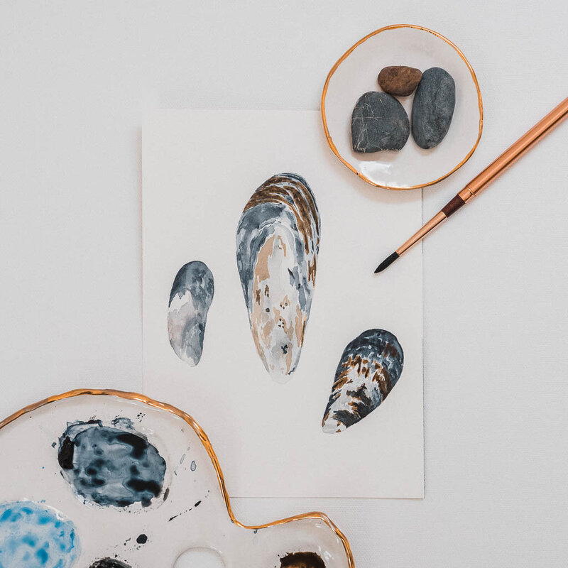 Watercolor painting of three mussel shells pictured with a custom paint palette and princeton travel paintbrush by Amy Duffy