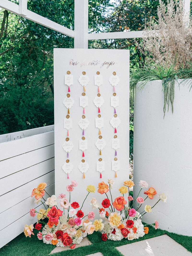 Wedding seating chart display decorated with pink and red flowers