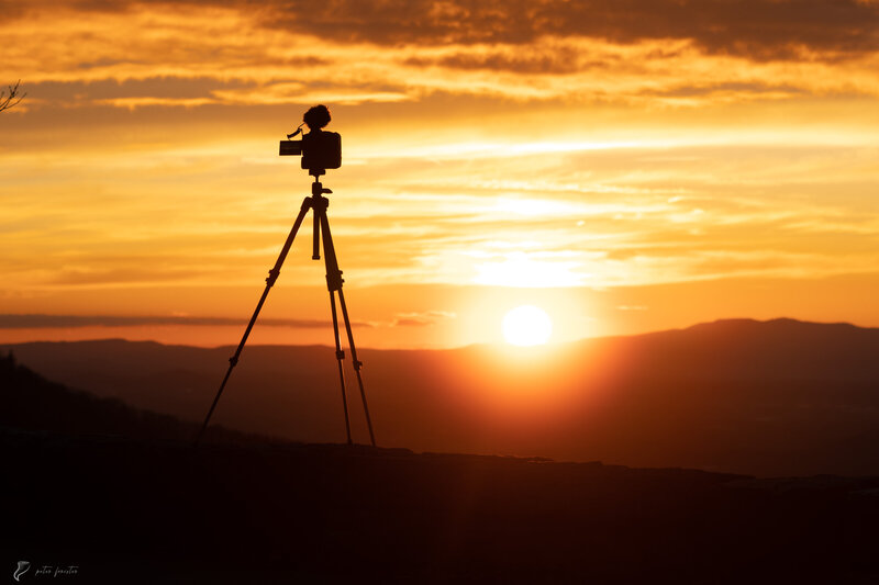 A camera for landscape photography on Skyline Drive at sunset