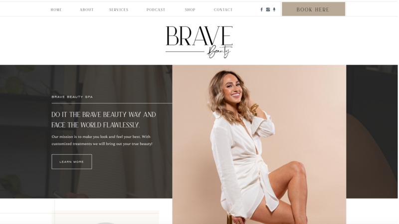 Hero section of the Brave Beauty Spa website design, created by The Aesthetic Edit, featuring the spa's name, tagline "DO IT THE BRAVE BEAUTY WAY AND FACE THE WORLD FLAWLESSLY," and a call to action.