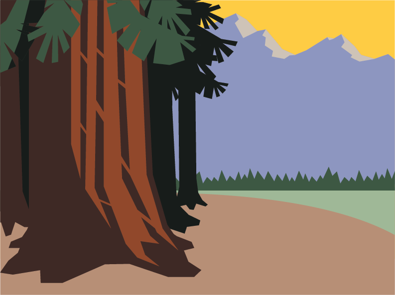 Trees, a field, and mountains