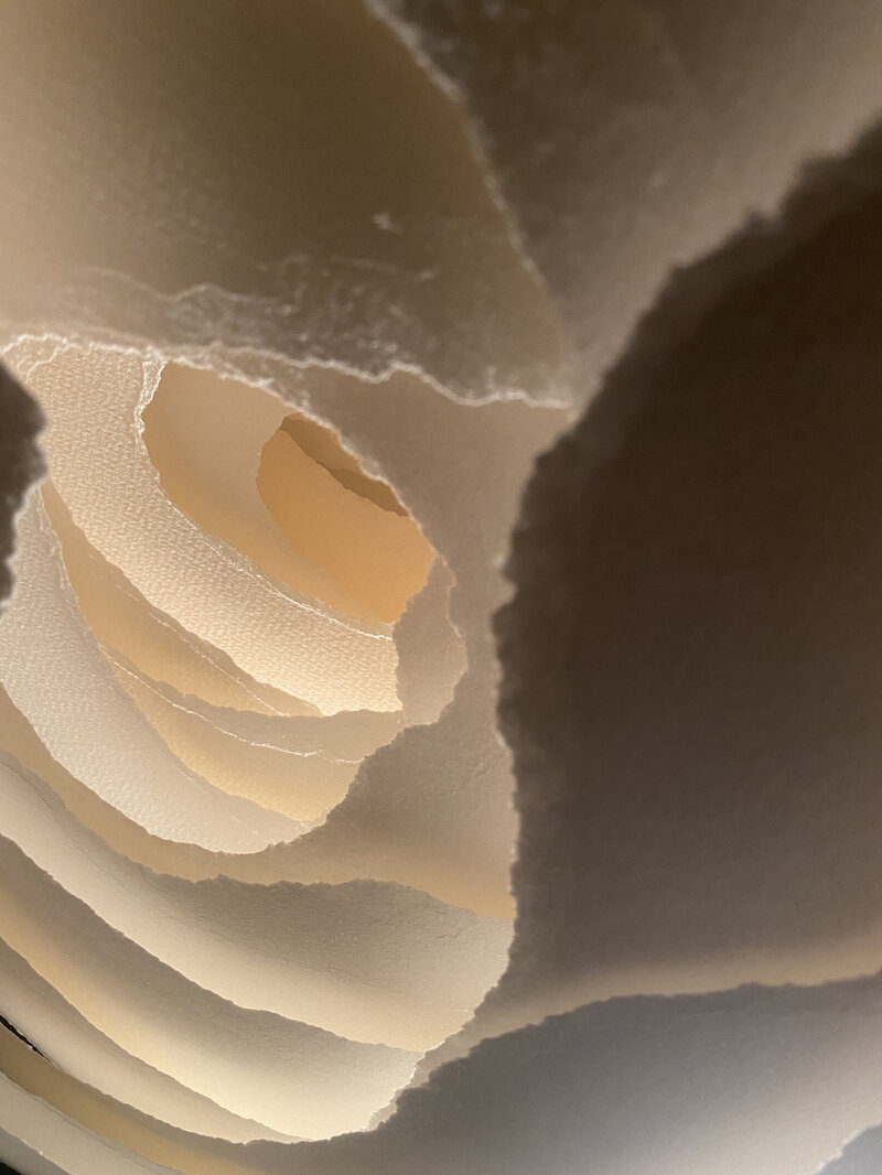 Layers of off-white torn paper illuminated from between. Art by Angela Glajcar.