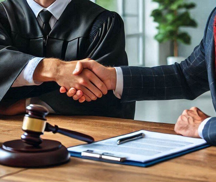 Ai generated image representing Seth Allen, experienced attorney and lawyer in Abingdon and Bristol, VA shaking hands with a client
