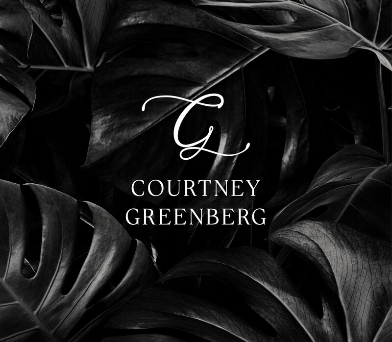 Courtney Greenberg logo displayed over a sophisticated black-and-white tropical leaf background, featuring an elegant and timeless brand identity.