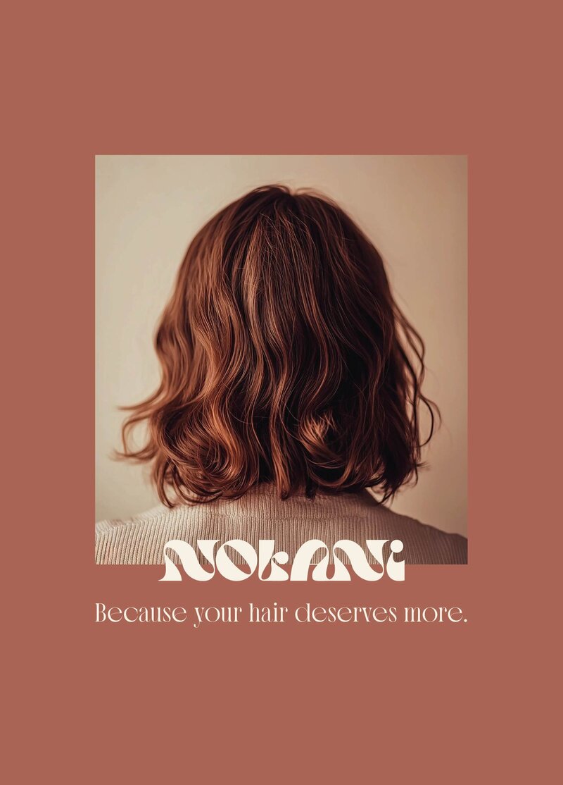 back of woman's head-red wavy hair-nolani logo