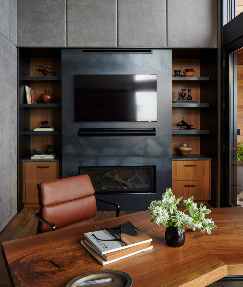 modern-mountain-home-office-steel-fireplace-fabric-paneling