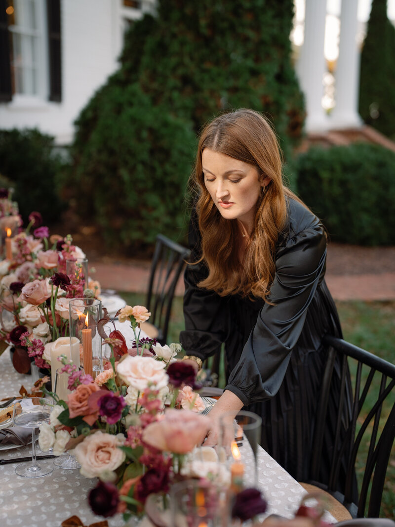 Wedding planner styling romantic floral tablescape for Southern outdoor weddings - Cardinal Events Carolinas LLC