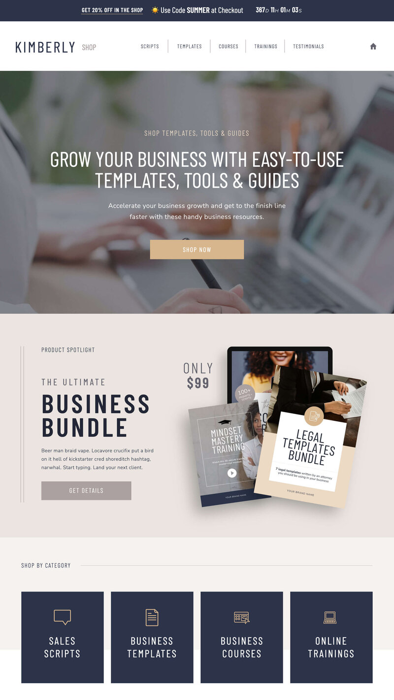 kimberly showit website template for coaches, service providers and course creators, homepage design mocked up on an ipad