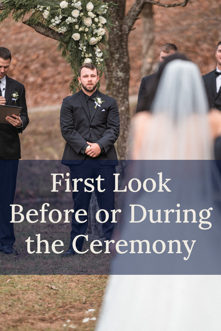 Groom dressed in black tux with black button up is beginning to cry as he sees bride for the first time in her wedding dress and veil. White roses are used to decorate the wedding ceremony arbor