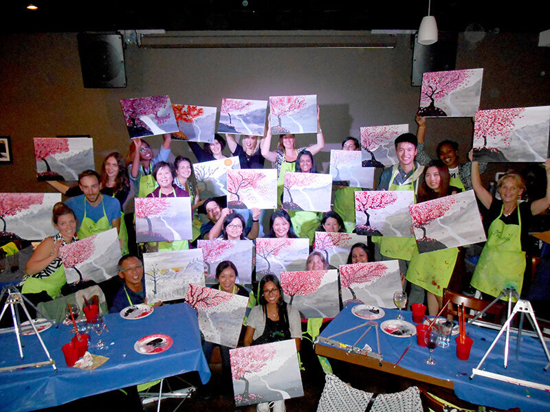 acrylic paint group photo - cherry blossoms