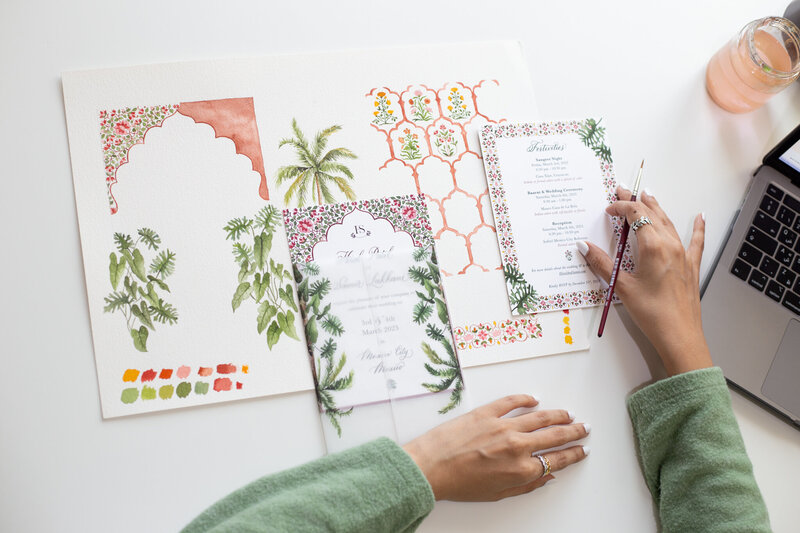 green theme wedding invite illustrations