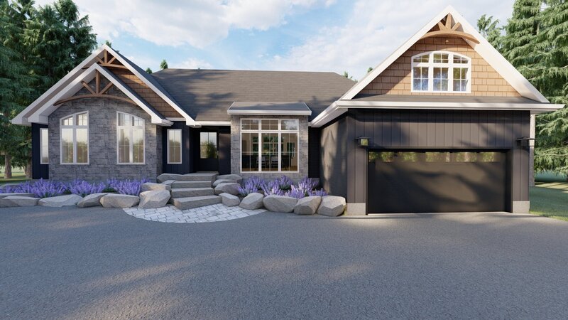 White house with 3 door garage and a view of the front yeard