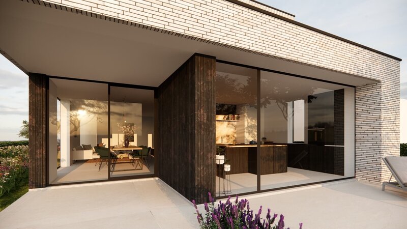 te Kampenhout strakke serene harmonieuze nieuwbouwwoning met grijze baskteen zwart hout (woodstoxx) zwarte aluminium ramen en een overdekte inkom