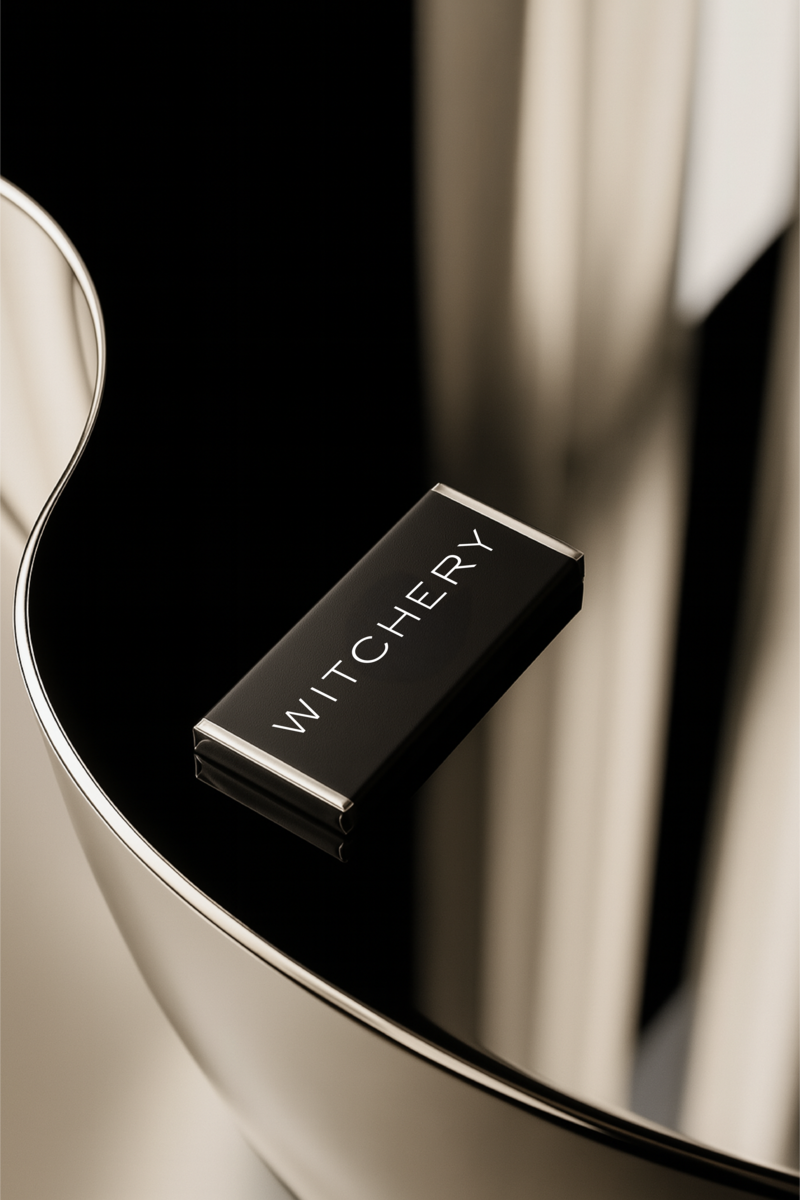 Minimalist black chocolate bar with Witchery branding, designed by Barilliant for luxury gifting and high-end event marketing.