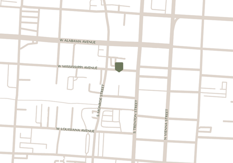 A simplified street map displays intersections of W Alabama Avenue, W Mississippi Avenue, W Louisiana Avenue, S Monroe Street, S Trenton Street, and N Vienna Street, with a green marker near W Mississippi Avenue.