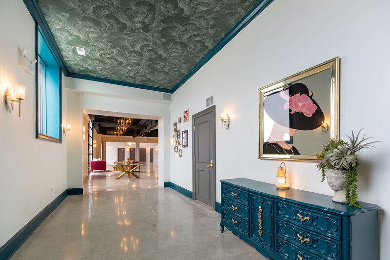 luxury venue in Chicago with styled entryway to large space, colorful and textural design elements from floor to ceiling