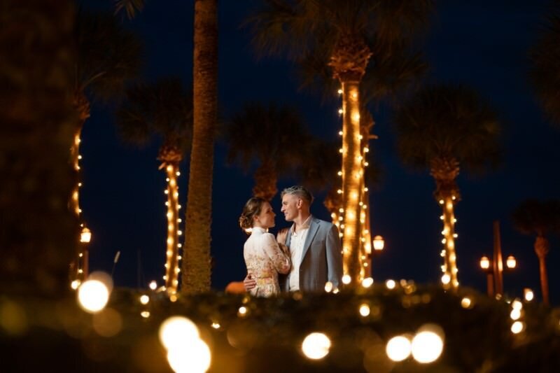 Romantic moment under twinkling lights