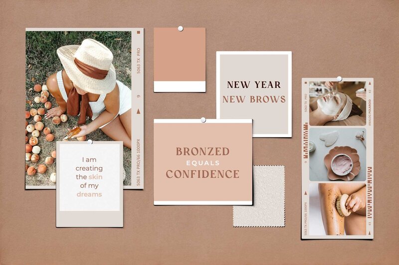 A moodboard of varying photos and designs. Warm brown, nudes, showcasing an estheticians brand.