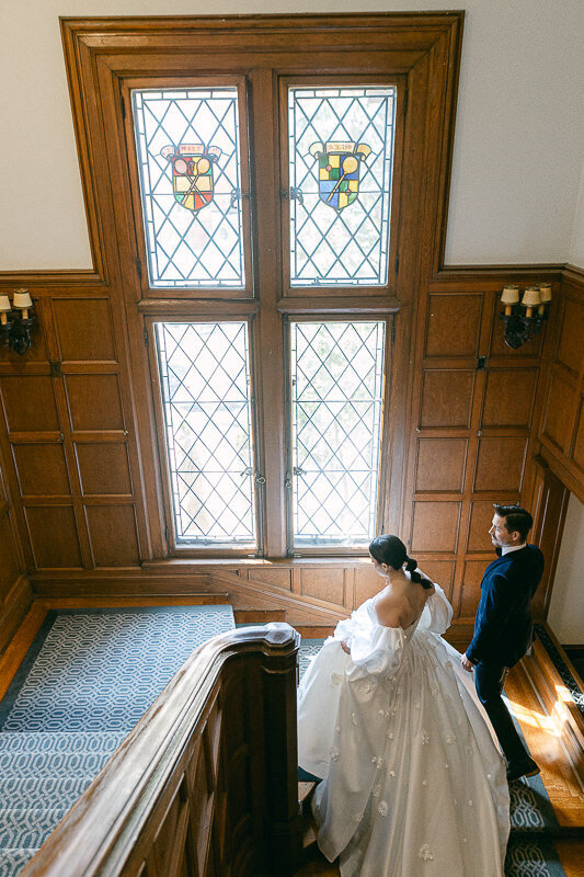 The bride & groom are celebrating their wedding at Club Atwater in Montreal. The couple is elegant and chic. Top Montreal wedding venue.