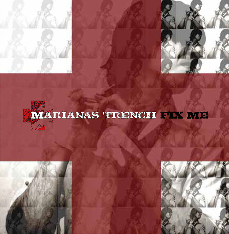 Original Artwork Single Cover Band Marianas Trench Title Fix Me black and white image of singer putting on plastic gloves red cross super imposed over image