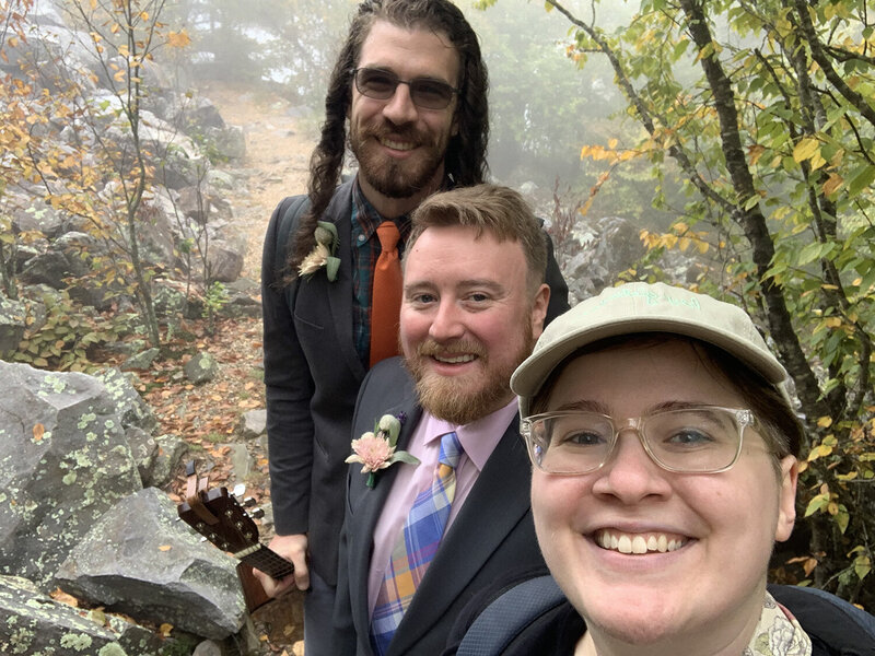 A Virginia elopement photographer takes a selfie leaving Blackrock Summit with an LGBTQ+ elopement couple.